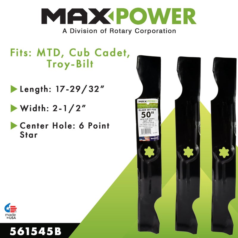 MaxPower 561545B 3-Blade Set for Many 50 in. Cut MTD, Cub Cadet, Troy-Bilt Mowers, Replaces OEM #'s 742-04056, 942-04056, 742-04053, 112-0316 and Others - Image 2